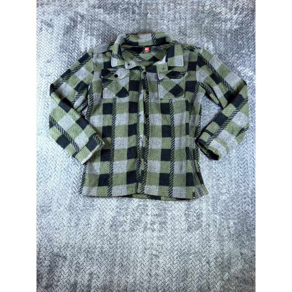 Quiksilver Boys Jacket Size 14/16 Green Black Plaid Sherpa Fleece 25QOFIB10K